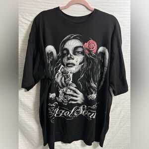 Angel Soul Wings Roses Art Skull Painted Death Woman Face Black tshirt Sz 2XL